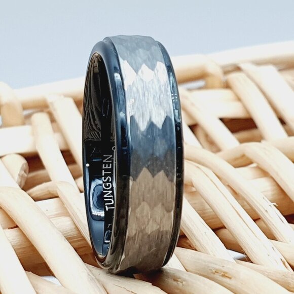 Silver Hammered Inlay Tungsten, Black Tungsten Ring, GALTUN789 - Picture 1 of 5
